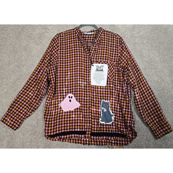 OOAK Upcycled Flannel Shacket Shirt Halloween Ghost Cat Moon Distressed Women XL - Picture 3 of 13